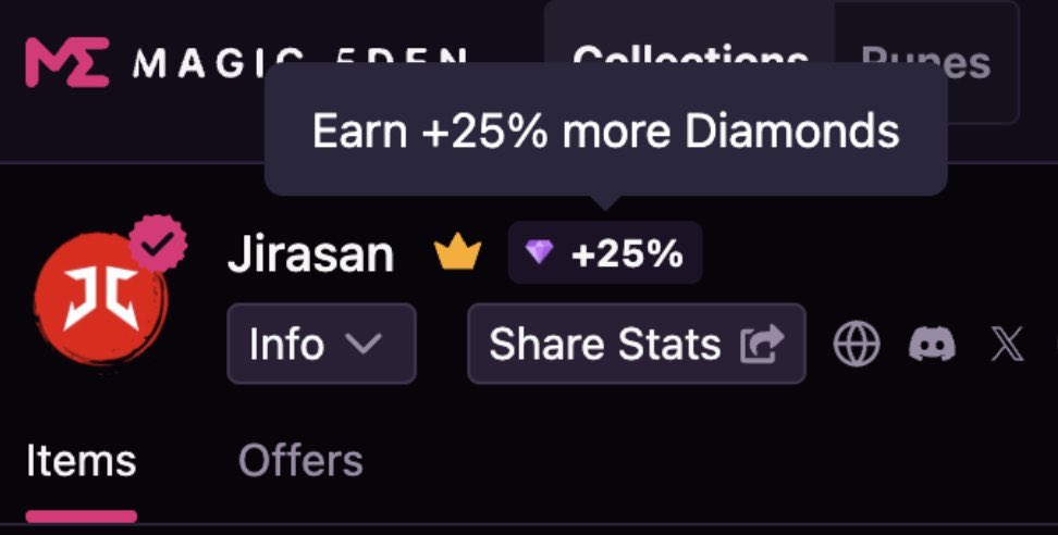 Now trade <a href="/JirasanOfficial/">Jirasan 🔴</a> on <a href="/MagicEden/">Magic Eden 🪄</a> and earn extra 25 percent diamonds 🔥 

With $ME announced recently, stack em diamonds up 🦖 🪄 

magiceden.io/collections/et…