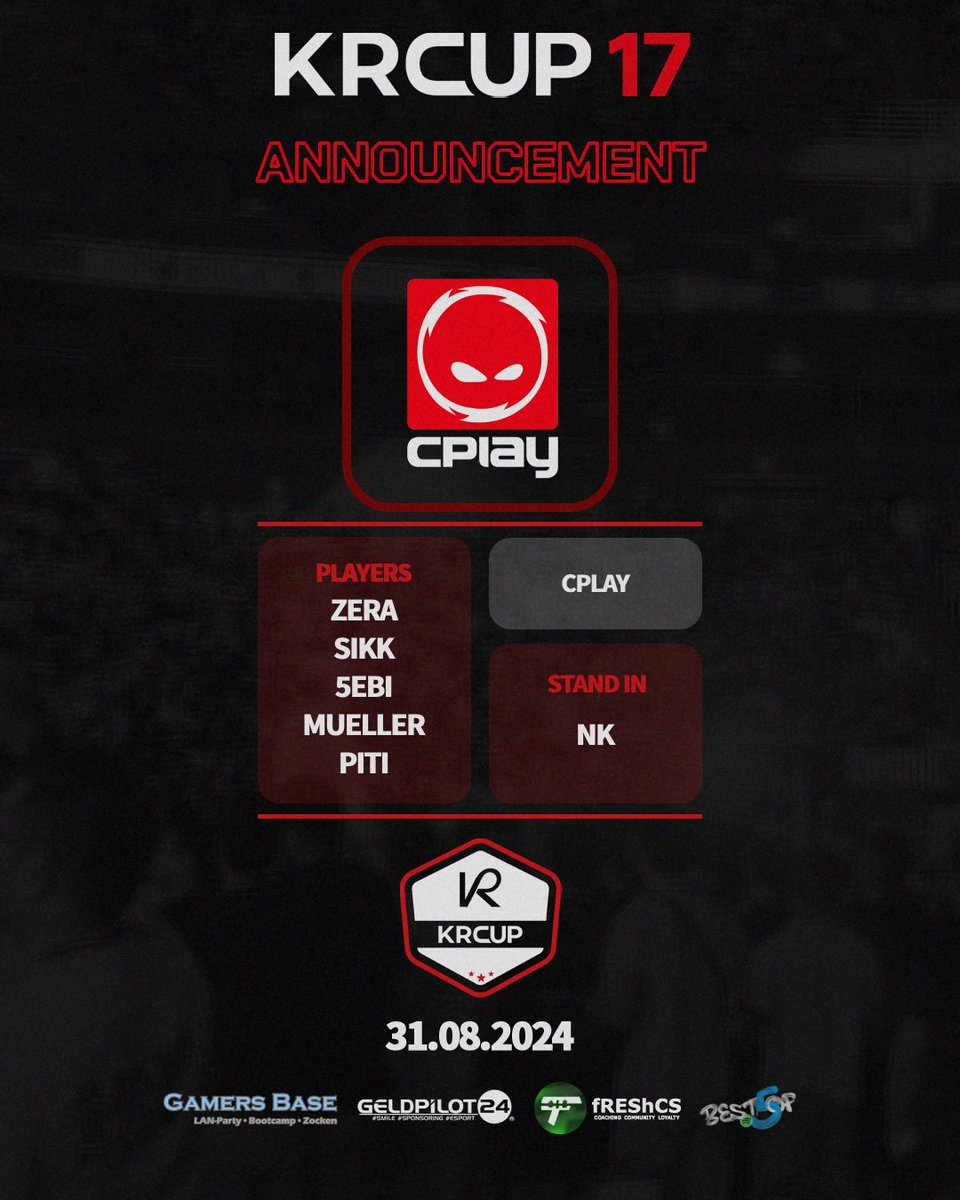 KRCup_CS (@krcup_de) on Twitter photo Unser fünfter Teilnehmer das Team von <a href="/CPLAYgg/">CPLAY</a>
<a href="/ZeraFPS/">Zera</a>
<a href="/sIKKcss/">SIKK.</a>
@5ebi_
<a href="/Muellerrrrr/">rellüM</a>
<a href="/Piti291211/">Piti</a>
<a href="/Nicht_NK/">NK</a>
Viel Erfolg 🔥🔥
----------
<a href="/fREShCS1/">fREShCS</a> | <a href="/GELDPILOTeSport/">GELDPILOT24 eSport</a> | <a href="/GamersBaseBC/">Gamers Base</a> | <a href="/BestOf5Podcast/">BestOf5 Podcast</a> Unser fünfter Teilnehmer das Team von <a href="/CPLAYgg/">CPLAY</a>
<a href="/ZeraFPS/">Zera</a>
<a href="/sIKKcss/">SIKK.</a>
@5ebi_
<a href="/Muellerrrrr/">rellüM</a>
<a href="/Piti291211/">Piti</a>
<a href="/Nicht_NK/">NK</a>
Viel Erfolg 🔥🔥
----------
<a href="/fREShCS1/">fREShCS</a> | <a href="/GELDPILOTeSport/">GELDPILOT24 eSport</a> | <a href="/GamersBaseBC/">Gamers Base</a> | <a href="/BestOf5Podcast/">BestOf5 Podcast</a>