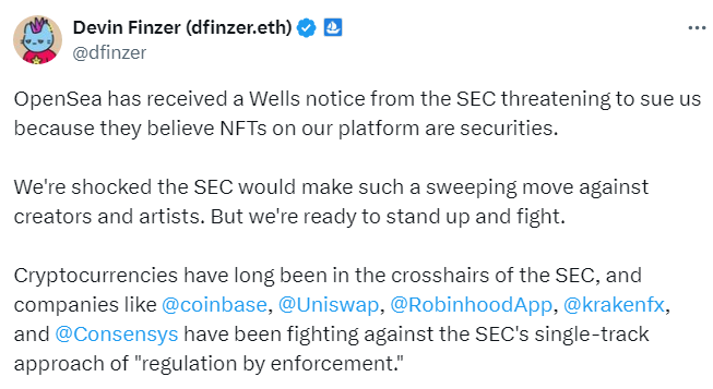 Cointelegraph's tweet photo. ⚡️ JUST IN: @SECGov issues 'Wells Notice' to @opensea, classifying NFTs on the platform as securities. https://t.co/hOZL1zcXtt