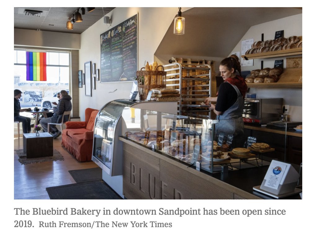 The antidote to the small town conservative diner (this pic is from today's NYT in an article about small towns—this one from Idaho). When driving across country, I find these places frequently in small and rural towns, with rainbow flags, BLM signs, playing  indie music