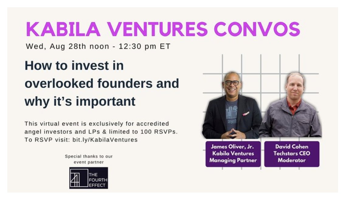 Amazing event alert today!

Join <a href="/Techstars/">Techstars</a> CEO, <a href="/davidcohen/">David Cohen</a>, as he interviews <a href="/jamesoliverjr/">James Oliver, Jr.</a> Managing Partner of <a href="/joinkabila/">Kabila</a> in partnership with <a href="/TheFourthEffect/">The Fourth Effect</a> to talk about why it's important to invest in overlooked founders.

Register now at form.typeform.com/to/mvIWNImn