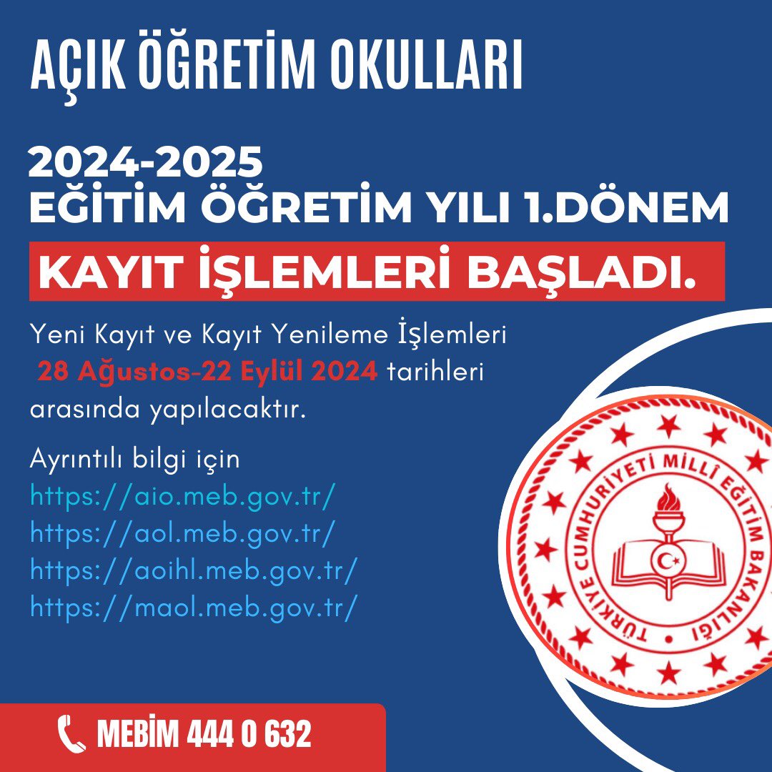 1.Dönem Sınavları İçin Yeni Kayıt ve Kayıt Yenileme İşlemleri Başladı.

Açık öğretim kurumlarına (Açık Öğretim Ortaokulu, Açık Öğretim Lisesi, Açık Öğretim İmam Hatip Lisesi ve Mesleki Açık Öğretim Lisesi) yeni kayıt yaptıracak öğrenciler ve kayıtlı öğrenciler; 2024-2025 eğitim