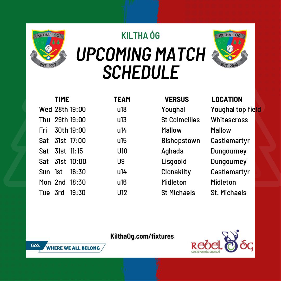 Another busy week. Best of luck to all the boys.