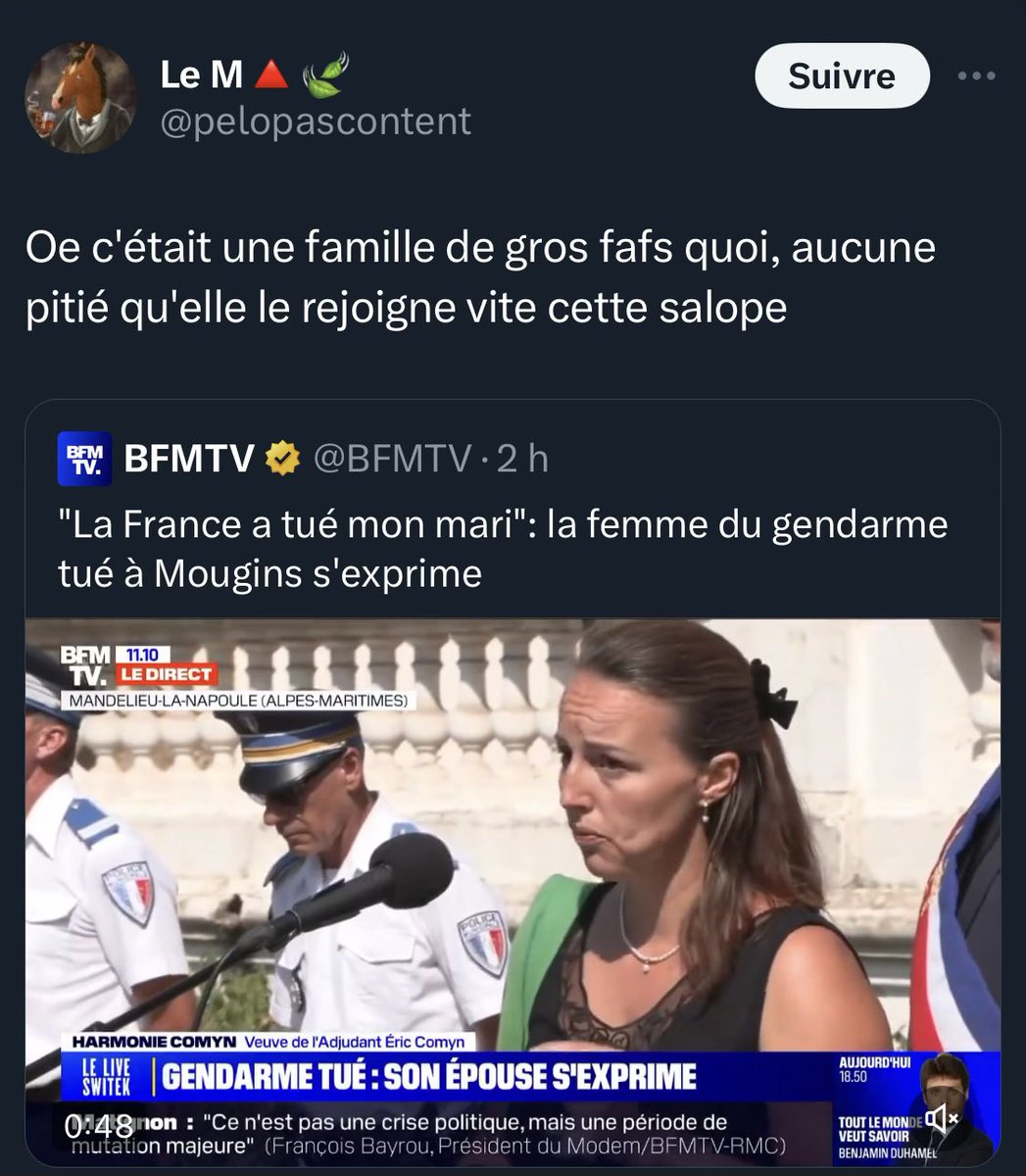 J’ai l’honneur de vous informer que l’association <a href="/LEA_Antiracisme/">LÉA | Lutte pour l’Égalité dans l’Antiracisme</a> vient de procéder à un signalement auprès du procureur de la République pour des menaces de mort visant la veuve du gendarme Eric Comyn. Être en désaccord avec elle ne justifie en rien ces appels à la haine.