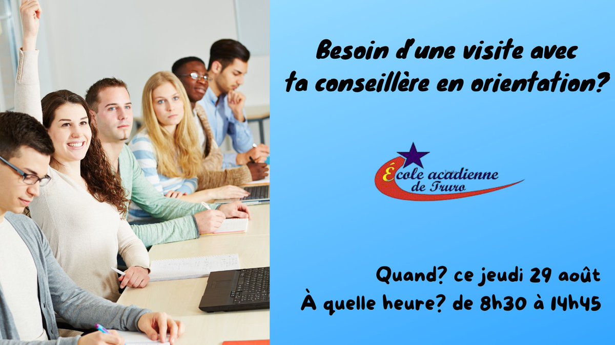 📣 Pour les élèves du secondaire

Besoin d'une visite chez ta conseillère en orientation?
Veux tu faire un changement à ton horaire?

👉Mme Andrée-Claude est disponible à son bureau ce jeudi 29 août de 8h30 à 14h45.