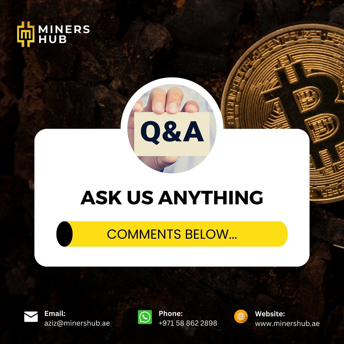 Minershub_ae's tweet photo. Have questions about crypto mining? Ask your questions in the comments below. Our experts are here to answer all your queries. 💬⏰

#Minershub #LiveQA #CryptoQuestions #AskTheExperts #MiningTalk #EngageWithUs https://t.co/zXGnWznwiz