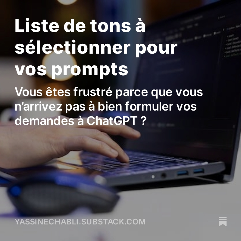 😡 Vous êtes frustré parce que vous n’arrivez pas à bien formuler vos demandes à ChatGPT ? Voici une liste de tons à utiliser pour obtenir de meilleurs résultats. 👇
yassinechabli.substack.com/p/liste-de-ton…