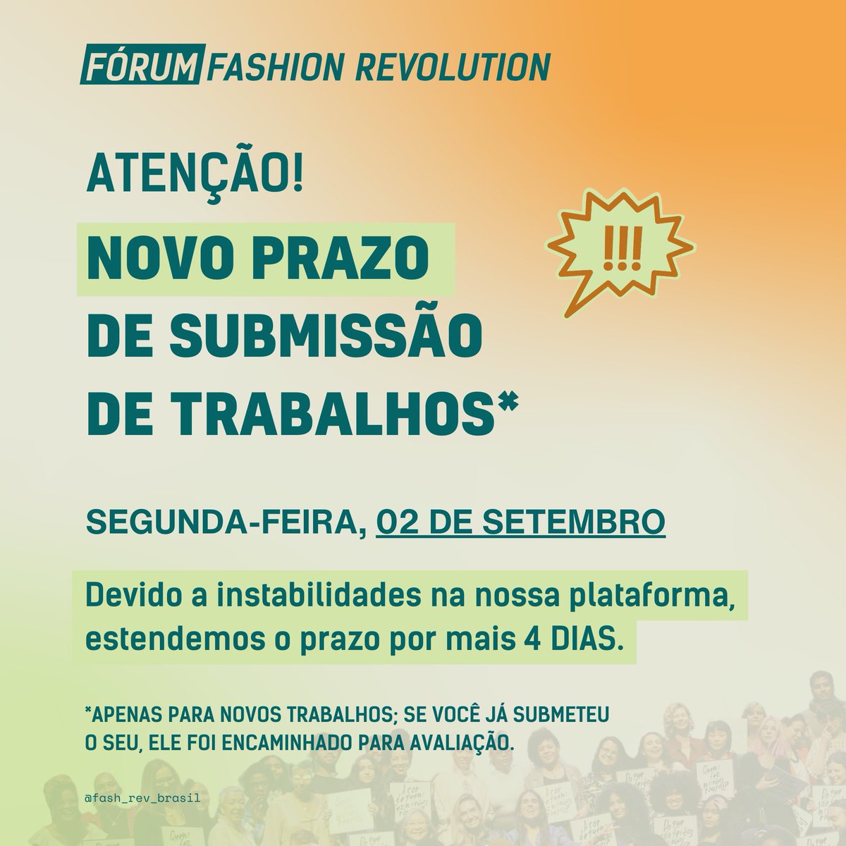 Segunda-feira, 02 de setembro é o novo prazo para submissão de trabalhos do Fórum Fashion Revolution!

Inscreva-se e impulsione o seu trabalho na moda com prêmios de até R$10.000!

Acesse o edital:  bit.ly/ffr2024