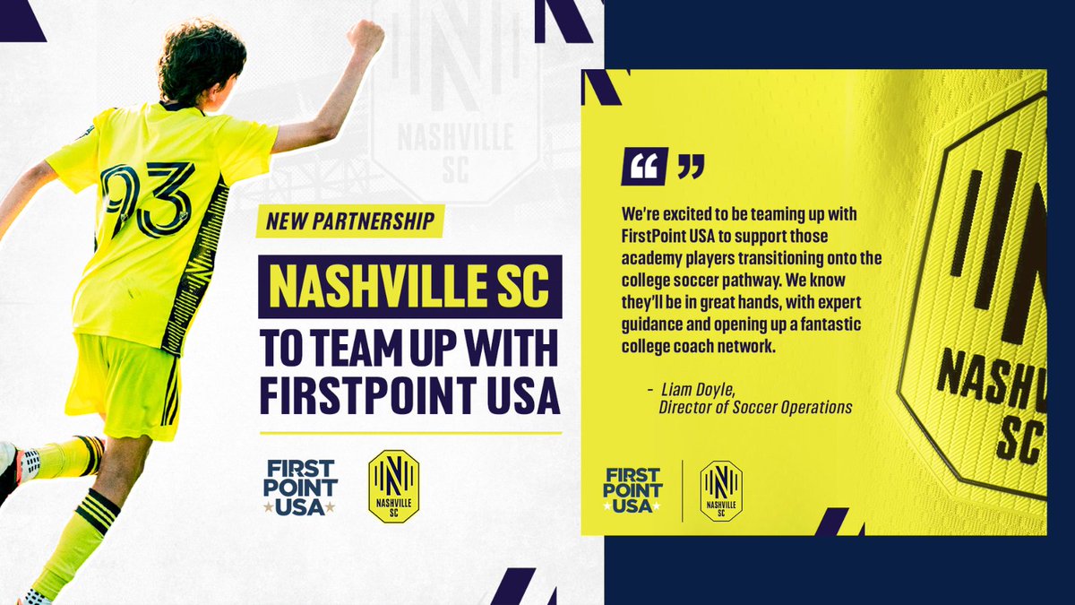 FirstPoint USA (@firstpointusa) on Twitter photo NEW PARTNERSHIP 🤝 NASHVILLE SOCCER CLUB
FirstPoint USA in partnership with <a href="/NashvilleSC/">Nashville SC</a>
announced today that it will extend its Academy support for Nashville SC youth players transitioning into college soccer.
"Their college coach network is second to none, and having a staff NEW PARTNERSHIP 🤝 NASHVILLE SOCCER CLUB
FirstPoint USA in partnership with <a href="/NashvilleSC/">Nashville SC</a>
announced today that it will extend its Academy support for Nashville SC youth players transitioning into college soccer.
"Their college coach network is second to none, and having a staff