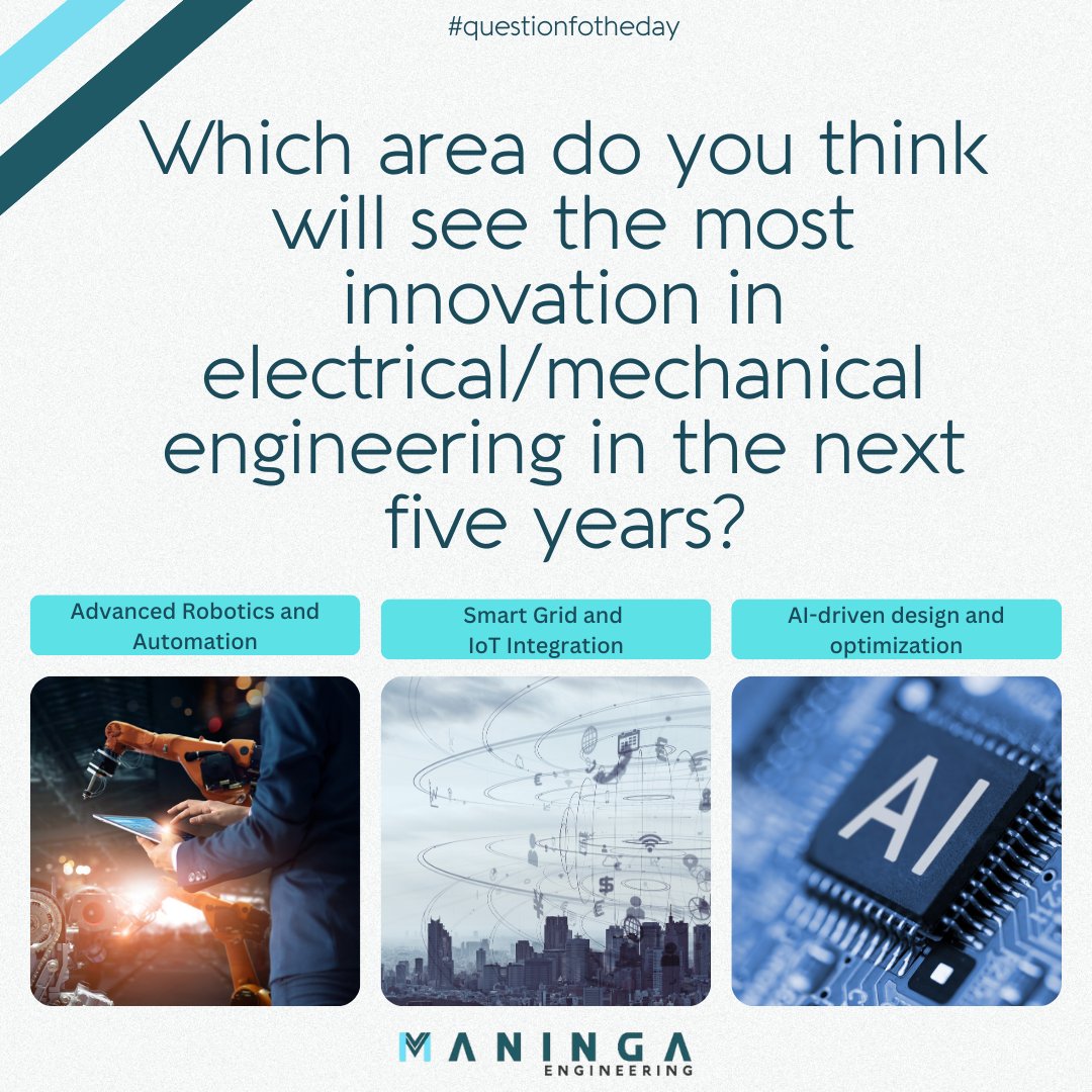 ManingaE's tweet image. 🚀 The next 5 years in engineering are going to be wild! Imagine powerful, sustainable energy tech, advanced robotics and automation, smarter grids with IoT, AI-driven design, and new manufacturing processes. Which one will steal the spotlight? 🌟
#engineeringfuture #techtrends