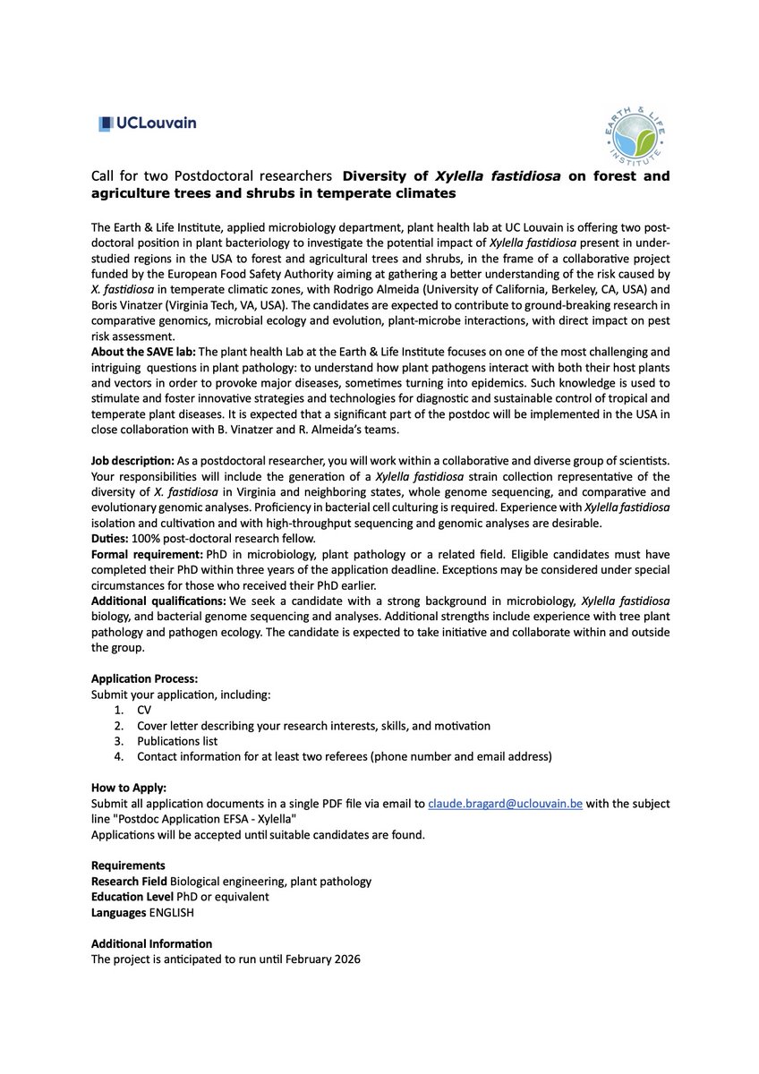 BexylP's tweet photo. In the frame of a collaborative project funded by @EFSA_EU, @UCLouvain_be is opening two post-doc positions on the impact of #Xylella fastidiosa on forest, agricultural trees and shrubs in temperate climates.
@Plants_EFSA https://t.co/MoiZl2wokH