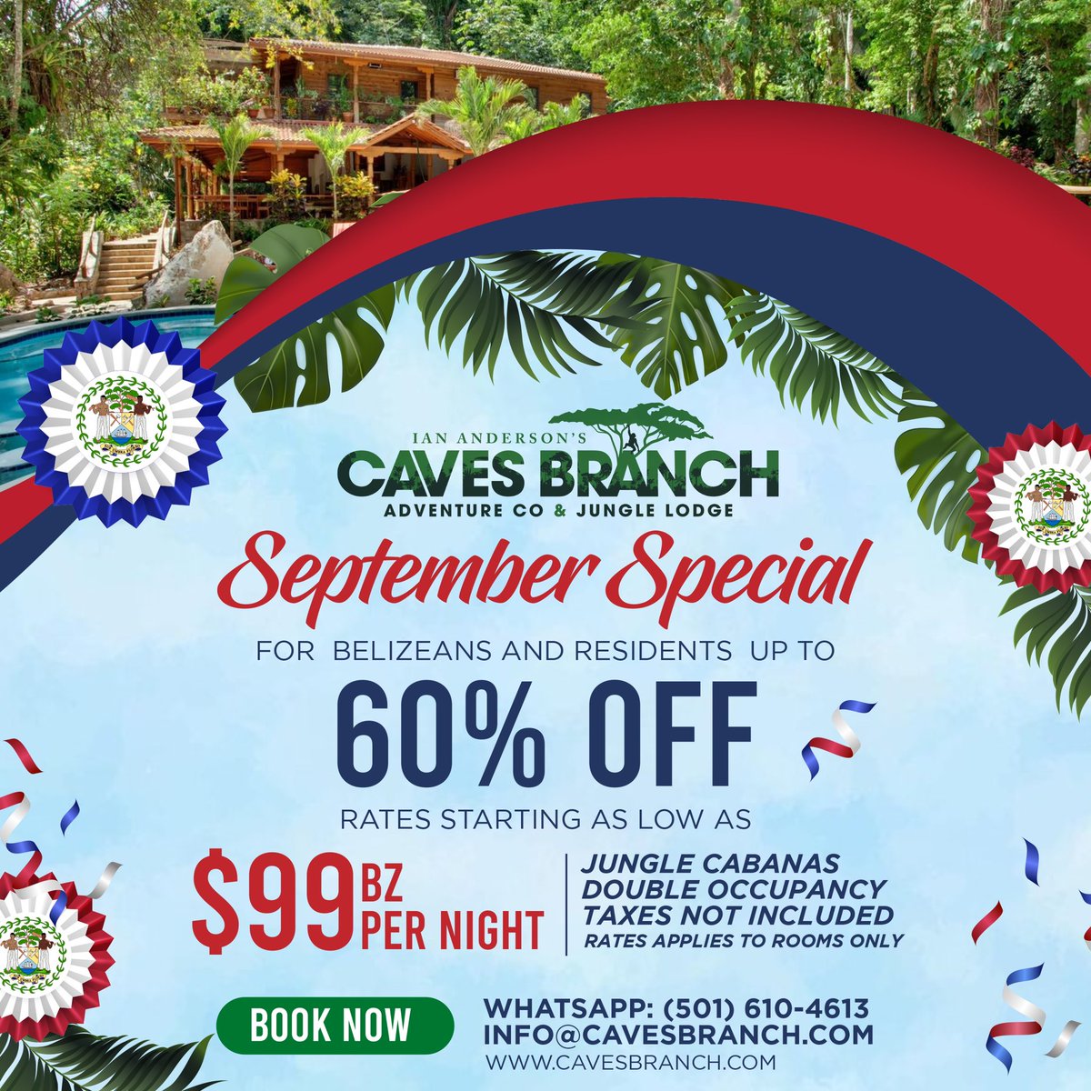 🎉 𝑪𝒆𝒍𝒆𝒃𝒓𝒂𝒕𝒆 𝑺𝒆𝒑𝒕𝒆𝒎𝒃𝒆𝒓 𝒊𝒏 𝒕𝒉𝒆 𝑱𝒖𝒏𝒈𝒍𝒆!🌿 
Belizeans and residents, this one's for you! Escape to the heart of adventure with 𝐮𝐩 𝐭𝐨 𝟔𝟎% 𝐎𝐅𝐅 at Caves Branch Jungle Lodge. Enjoy a night in our cozy Jungle Cabanas starting @ just $𝟗𝟗𝐁𝐙𝐃 for 2