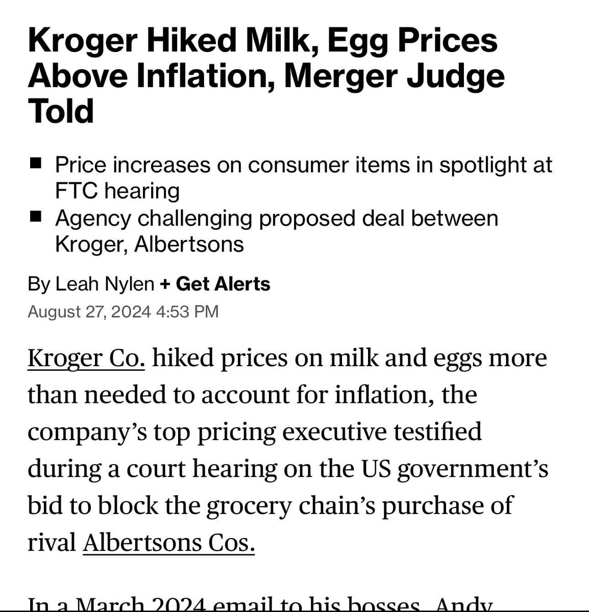 karlykingsley's tweet image. A top corporate executive from Kroger's grocer admitted in court yesterday to raising prices on eggs, milk, and other staples, well above inflation while 7/8 top national news companies all claimed 'greedflation' isn't real and universally panned Kamala Harris anti-price gouging…