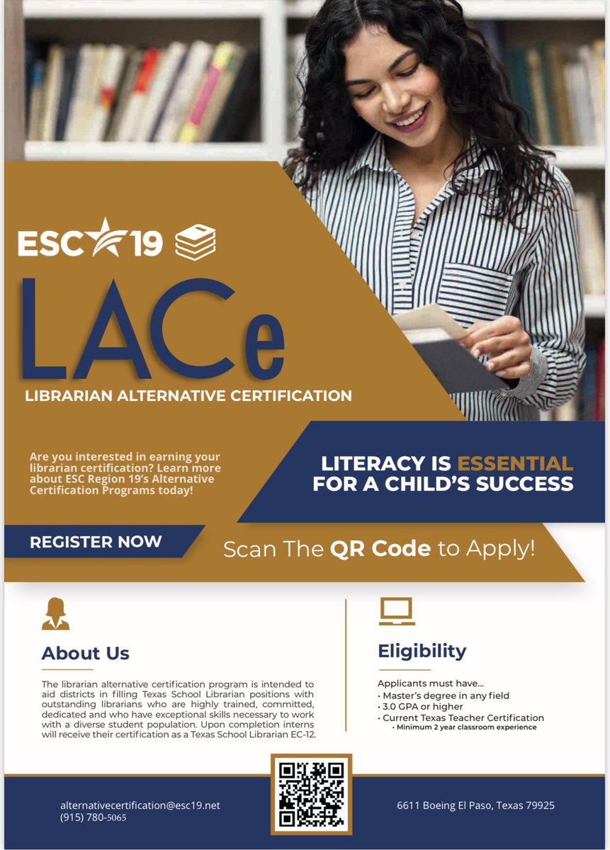Teresa Hinojos (@teresa_hinojos) on Twitter photo Are you interested in a career as a school librarian? We are hosting a Zoom info session on Tuesday, Sept 17 at 5 pm. Register on Click and Learn txr19.escworks.net for session #211540. #WeR19 <a href="/ESCRegion19/">ESC-Region 19</a> <a href="/ACP_Region19/">Region 19 ESC ACP</a> Are you interested in a career as a school librarian? We are hosting a Zoom info session on Tuesday, Sept 17 at 5 pm. Register on Click and Learn txr19.escworks.net for session #211540. #WeR19 <a href="/ESCRegion19/">ESC-Region 19</a> <a href="/ACP_Region19/">Region 19 ESC ACP</a>