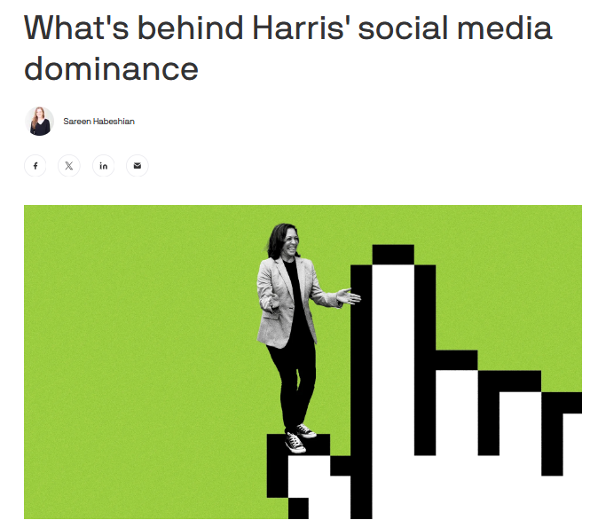 🚀 Kamala Harris explose sur TikTok ! 

Après sa nomination, son compte a gagné 2M d'abonnés en 24h, dépassant les 4,8M. 

Ses 6 premières vidéos ont cumulé plus de 113M de vues. 

Le compte @kamalahq, renommé Biden HQ, est passé de 440K à 3,9M d'abonnés.