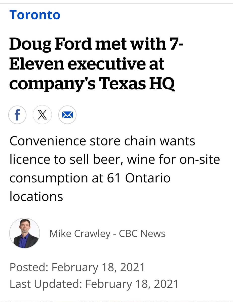 corruptario's tweet image. Ford paid $1B of our $ to break agreements early, because Couche-Tard (CircleK) wanted to buy 7/11, and the booze revenue had to be sorted first.

Ford met 7/11 in 2021. Harper joined Couche-Tard in March, Ford announced booze in convenience stores in June, to happen by Sept. 😉