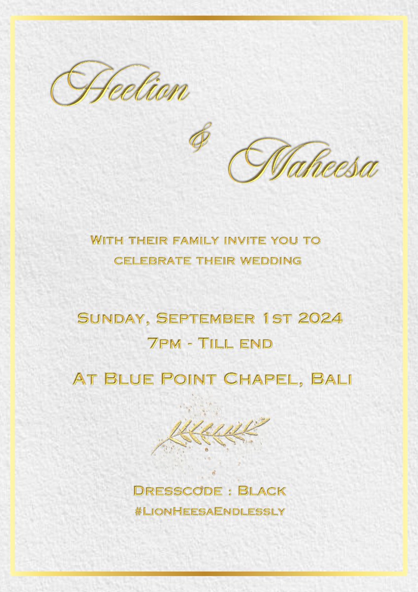 MAGICSTAREVENT's tweet image. ⠀
⠀Two hearts, one love, 
⠀and a lifetime of memories to be made. 

⠀𓍯𓂃𓂃𓂃𓂃𓂃
   
⠀𝑯𝒆𝒆𝒍𝒊𝒐𝒏 𝑴𝒊𝒌𝒂𝒆𝒍 𝑹 &amp;amp; 𝑴𝒂𝒉𝒆𝒆𝒔𝒂 𝑫𝒐𝒎𝒊𝒏𝒊𝒄
⠀Invite you to celebrate their wedding

⠀𝐎n 1st September, 2024
   𝐈n Blue Point Chapel, Bali

⠀#LionHeesaEndlessly 
⠀