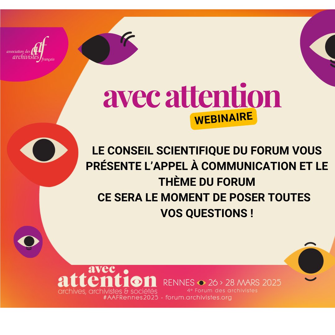 #AAFRennes2025

💻Webinaire de présentation de l'appel à communication animé par le conseil scientifique du Forum 

📅Le 5 septembre, de 17h à 18h30.

Vous pouvez vous y inscrire jusqu’au 05 septembre, 12h via ce lien ⤵️
ow.ly/XrJB50T8Kpl..