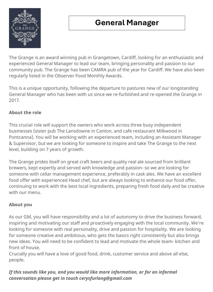 The Grange Pub (@pubgrange) on Twitter photo We have a v exciting & rare opportunity to join us in a crucial role. Sadly our Manager Dai is relocating to Brighton, so we need a new GM to lead our staff & drive the business forward. Info below, contact <a href="/cerysfurlong/">Cerys Furlong</a> for a chat 👍 please share! #cardiffjobs #Recruiting We have a v exciting & rare opportunity to join us in a crucial role. Sadly our Manager Dai is relocating to Brighton, so we need a new GM to lead our staff & drive the business forward. Info below, contact <a href="/cerysfurlong/">Cerys Furlong</a> for a chat 👍 please share! #cardiffjobs #Recruiting