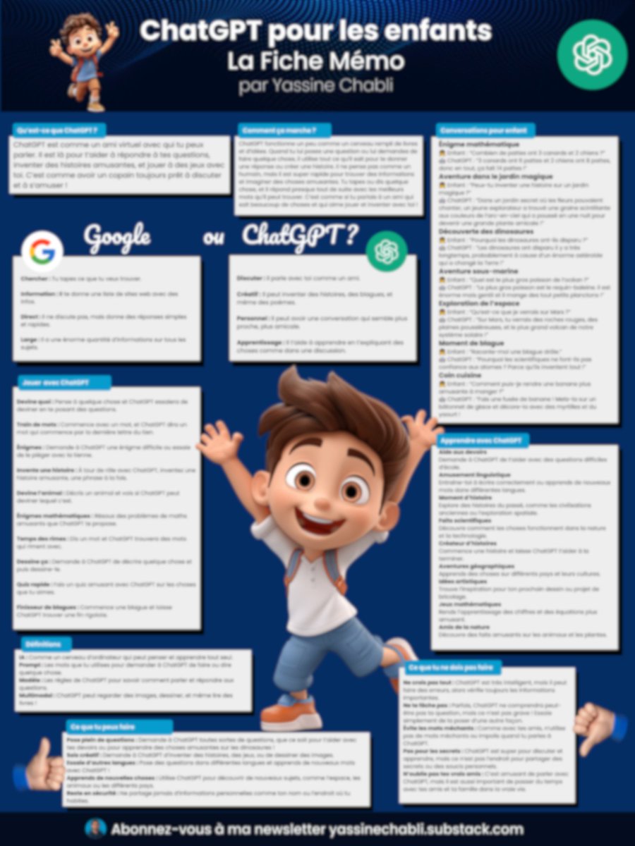 📣 Exclusif 🎁 : je viens de créer une nouvelle fiche mémo pour que vos enfants apprennent à utiliser chatGPT. Pour recevoir cette fiche gratuitement au format PDF en haute résolution, vous devez commenter et repost ce tweet.