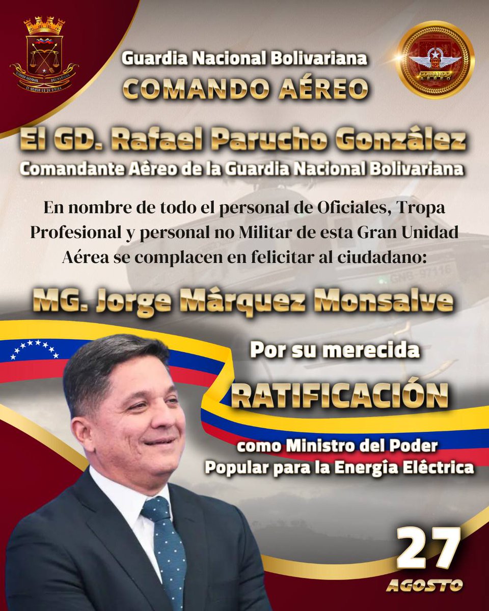 El GD. Rafael Parucho, el Personal de Oficiales, Tropa Profesional del CAGNB, felicitan por su muy merecida Ratificación como Ministro del Poder Popular para la Energuía Eléctrica al MG. Jose Márquez Monsalve. Deseándole muchos éxitos en la continuidad de esta Gran Gestión.