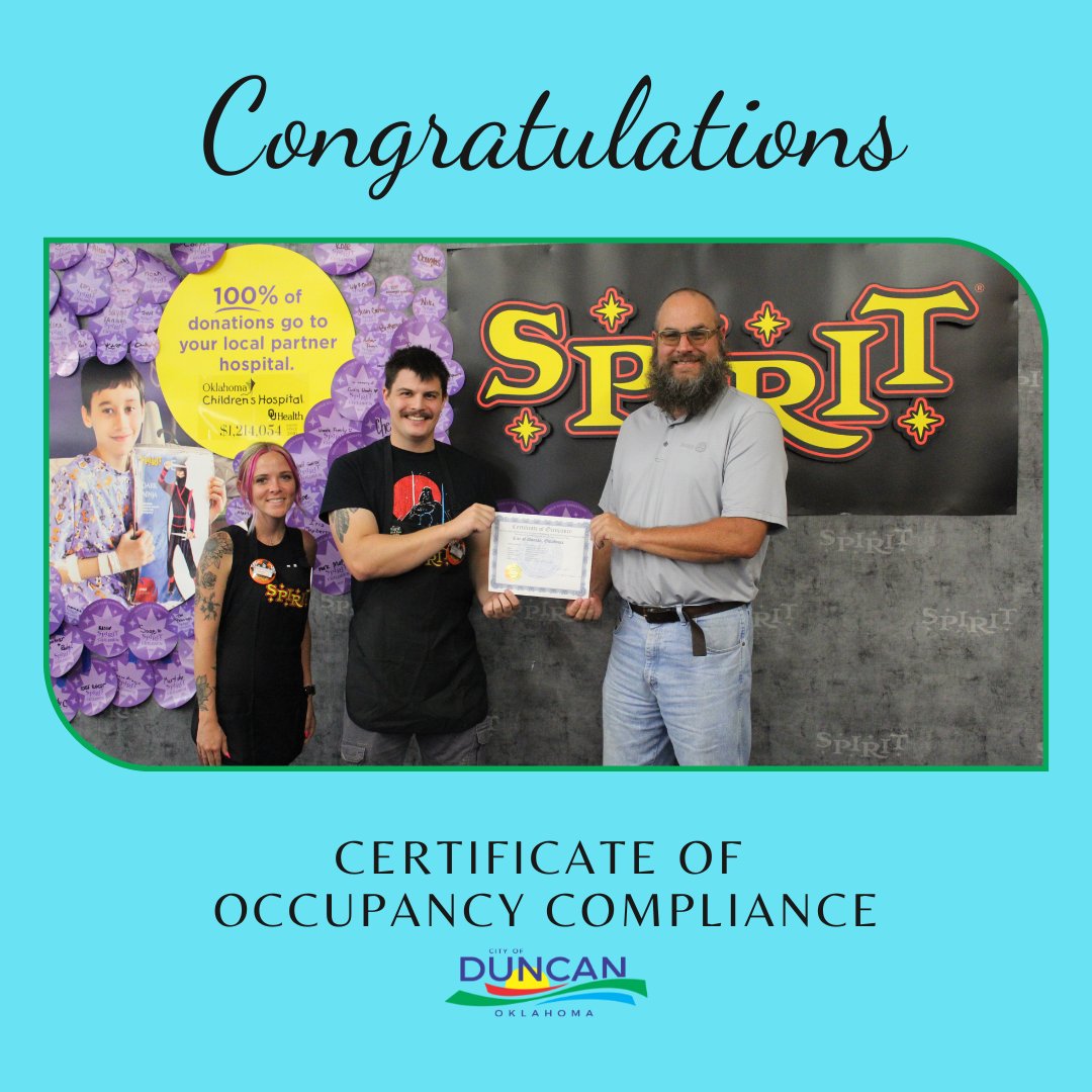 City_DuncanOK's tweet photo. Our Community Development team congratulates Spirit of Halloween, located at 2297 U.S. Highway 81.

One of the requirements that needed to be met to achieve the Certificate is the storage of materials in the building.

#dunCAN https://t.co/VMqHMdfGa8