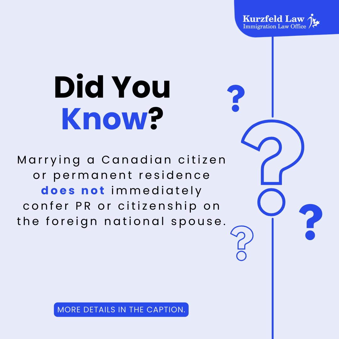 immigration_way's tweet image. Did You Know?

Marrying a Canadian citizen or permanent residence does not grant PR or citizenship to the foreign spouse. The Canadian citizen or permanent resident must apply to sponsor their spouse.

Learn more: immigrationway.com

#FamilySponsorship #ImmigrationWay
