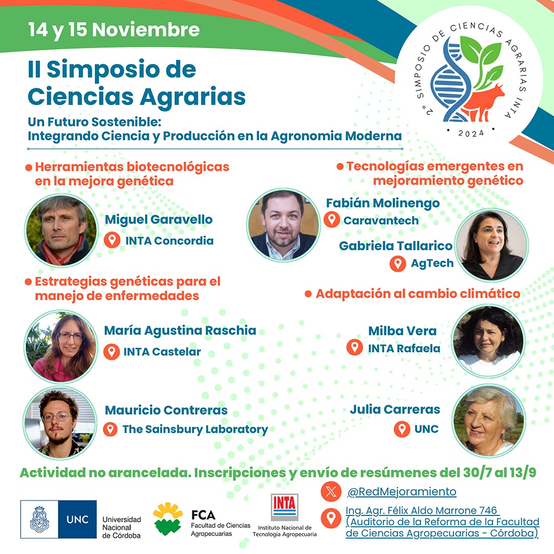 RedMejoramiento's tweet photo. Te presentamos las y los oradores 👩🏻‍🔬👨🏻‍🔬 de lujo invitados al II SIMPOSIO DE CIENCIAS AGRARIAS 🧬 #SimposioINTA 🐮🌿 14 y 15 de noviembre en  la📍UNC-FCA @unc_cordoba 
No te lo pierdas! Inscripción NO ARANCELADA 🤑 https://t.co/FMnYkHtvKs