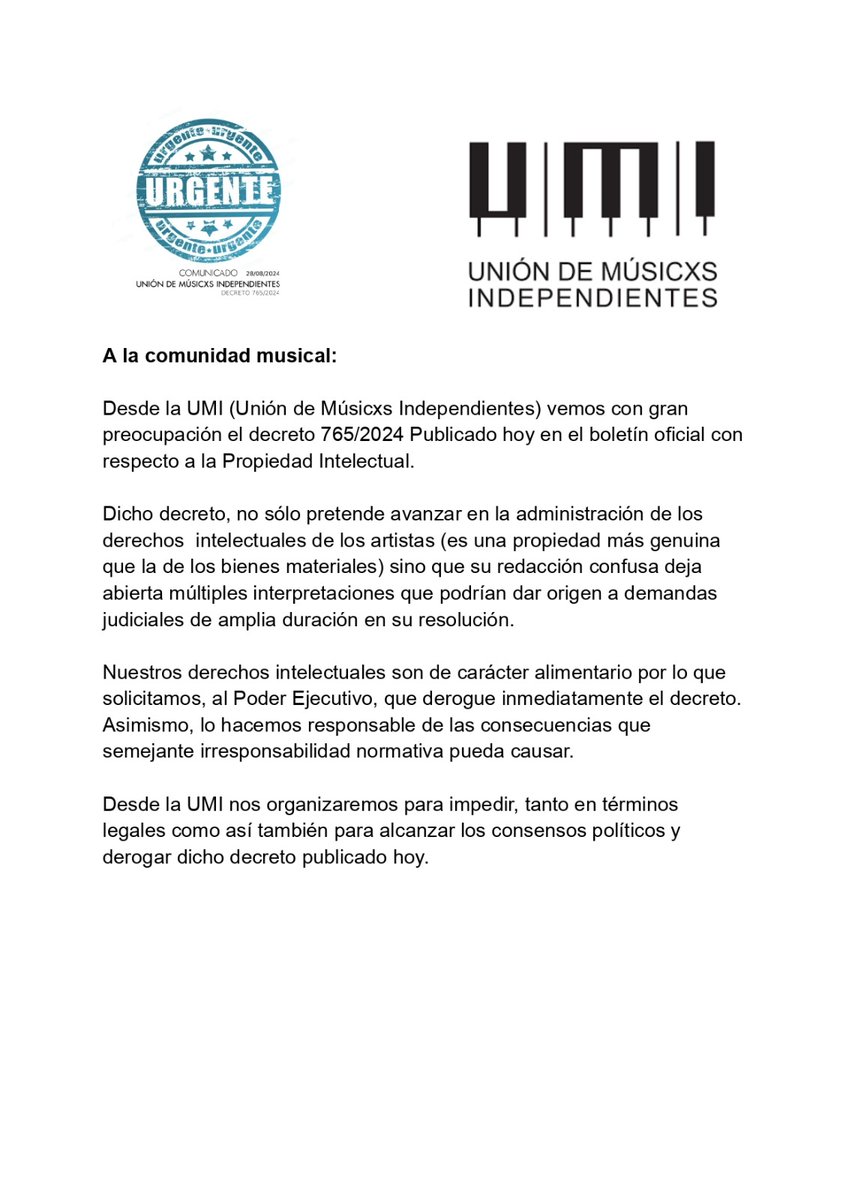 umiargentina's tweet photo. 🚨A la comunidad musical🚨

👉🏽Desde la UMI (Unión de Músicxs Independientes) vemos con gran preocupación el decreto 765/2024 Publicado hoy en el boletín oficial con respecto a la Propiedad Intelectual.

👉https://t.co/8pn6jti1sh

#PropiedadIntelectual #UMI https://t.co/0YRMRIJhiH