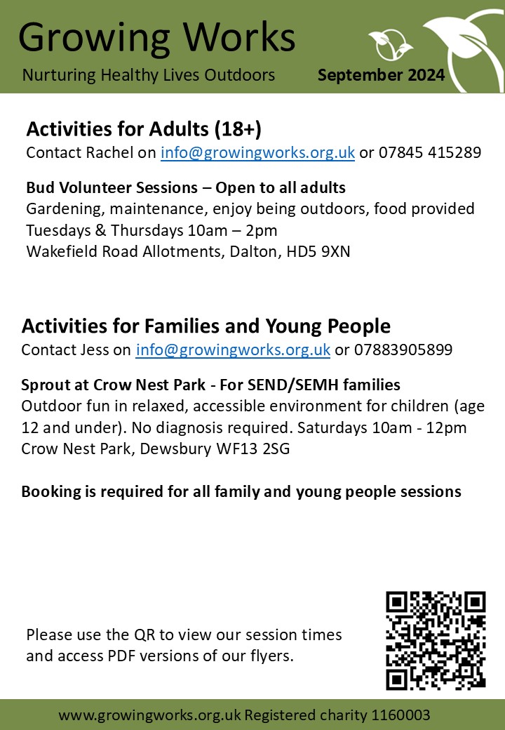 Growing Works (@growingworks) on Twitter photo Check Growing Works outdoor activities in September and join our Harvest Celebration, on 14th at Wakefield Road Allotments, open to all, we will be celebrating the site improvements, gardening, having seasonal soup and nature crafts.
@ls2y_group <a href="/KirkleesHCP/">Kirklees Health and Care Partnership</a> Check Growing Works outdoor activities in September and join our Harvest Celebration, on 14th at Wakefield Road Allotments, open to all, we will be celebrating the site improvements, gardening, having seasonal soup and nature crafts.
@ls2y_group <a href="/KirkleesHCP/">Kirklees Health and Care Partnership</a>