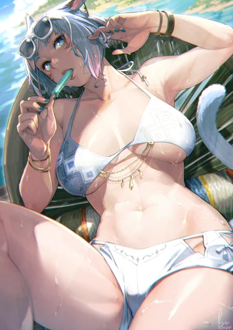 お題:濡れたまま寛ぐ水着ミコッテさん #FF14