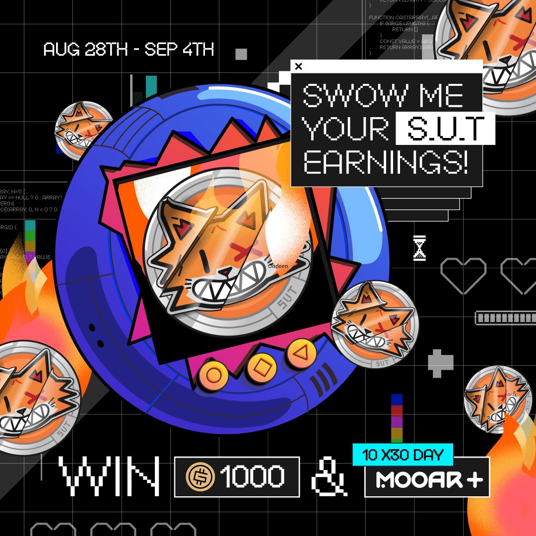 WTFisSUT's tweet photo. 🔥 $SUT Showdown is ON! 🔥

Got some $SUT stacking up? Time to flex those $SUT earnings and score some sweet rewards!

From August 28th - September 4th, show off your $SUT for a shot at 1000 GMT and 10 x 30-Day MOOAR+ subs! 🤑

Here’s how to get in on the $SUT action:

1⃣ Snap a screenshot of your $SUT earnings.
2⃣ Blast it on social media with #WTFisSUT and complete the Weekly Galxe Quest!

Get the SUT out 😼💸

https://t.co/Ad0xsGEJm5