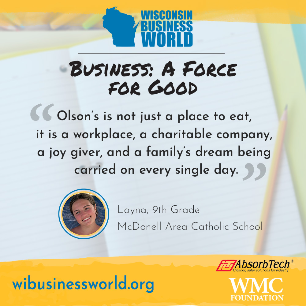 Congratulations to Layna from McDonell Area Catholic School, who wrote about how Olsen's Ice Cream in Chippewa Falls is a Force for Good! Her winning essay demonstrated the impact a local business has on its community. wmcfoundation.org/wisconsin-busi…