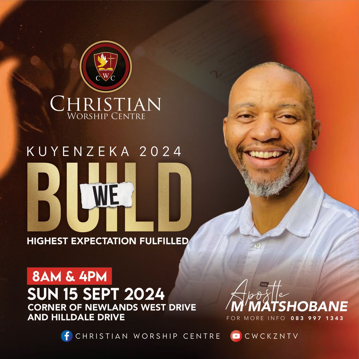 CWCKZNTV's tweet image. Join us on our Kuyenzeka "WE BUILD" service with Dr Apostle M.Matshobane on the 15th of September 2024
#webuild
#Cwckzn
#kuyenzeka
#kuyenzeka2024