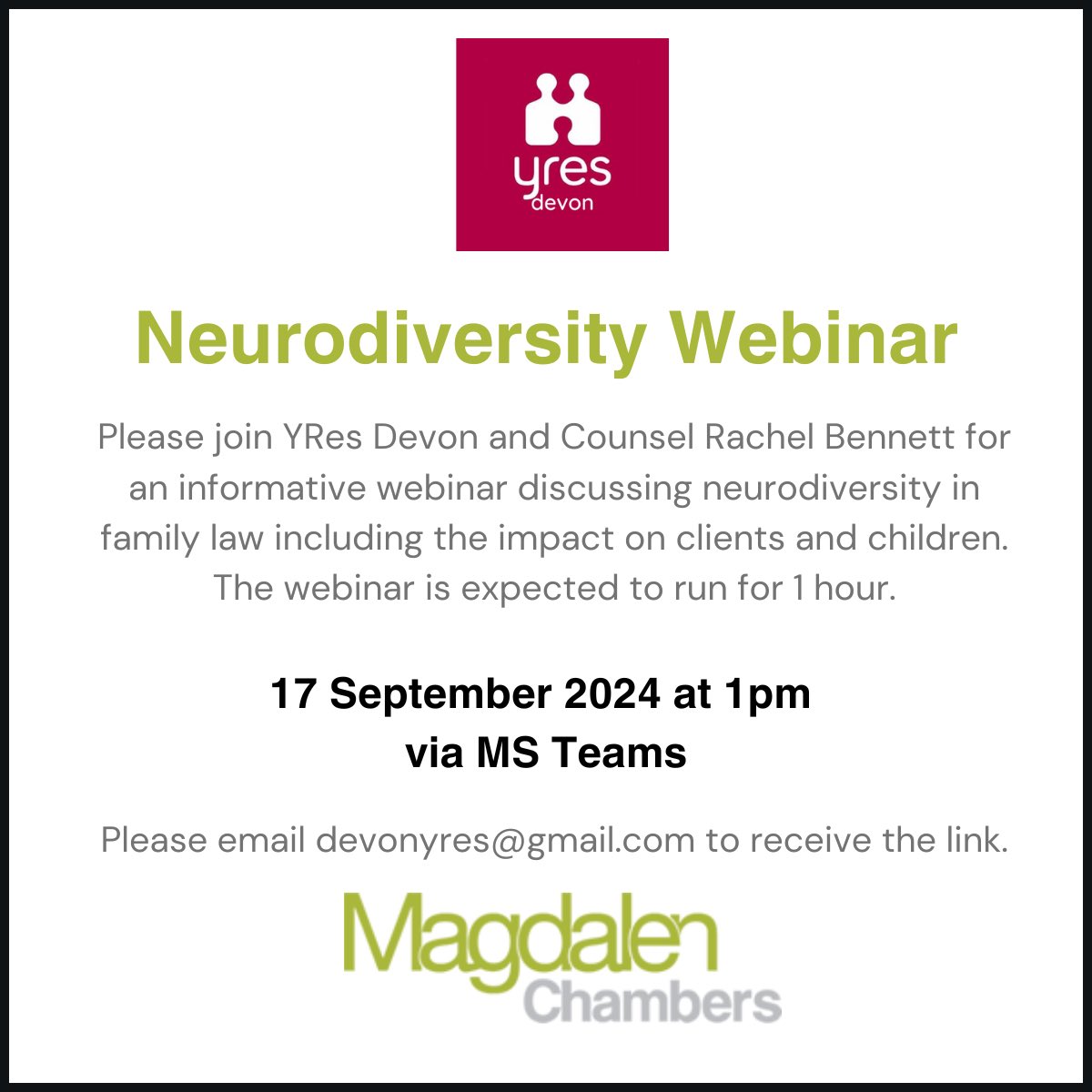 yresdevon's tweet image. Please join us and @MagdalenLawyers for our next webinar. Open to members and non-members.

#Resolution #YRes #familylaw #neurodiversity