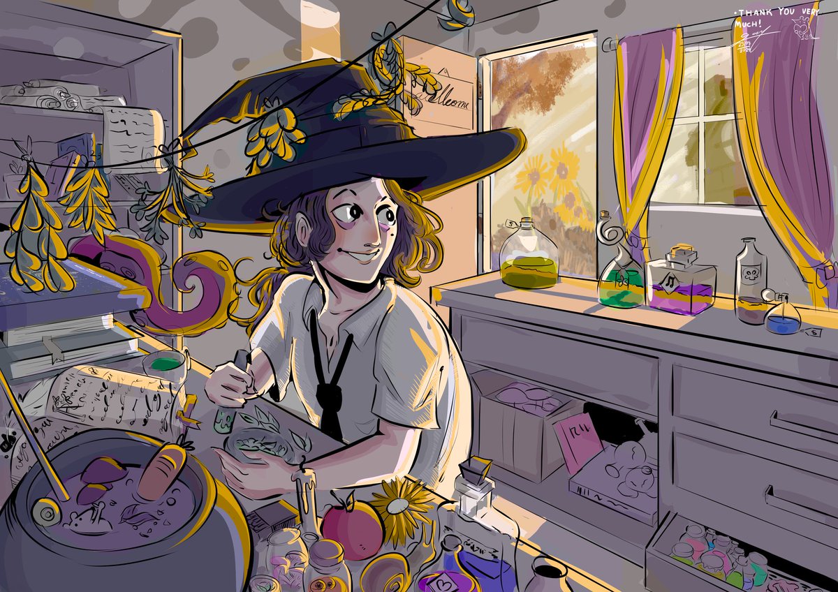 I recently came across an artist posting that they were looking for commissions in order to afford a copy of Apothecaria. I asked them to draw any witch they wanted and they made this, which is so awesome.

Their name is <a href="/Hiratart/">Hirata (Coms open)</a>, go give them a follow!