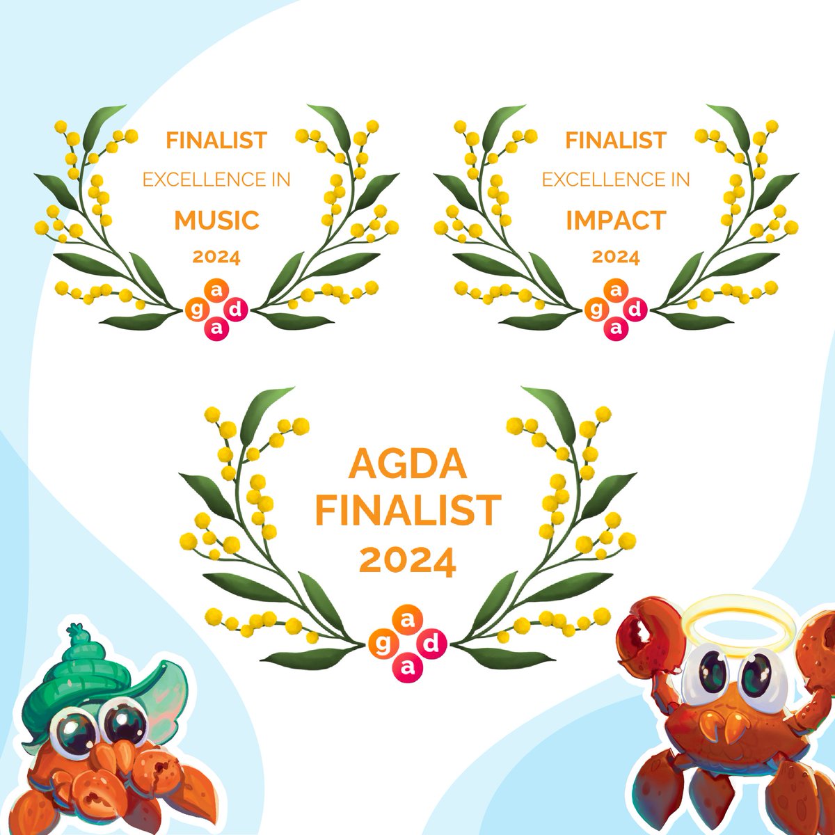 Exciting news! We're AGDA finalists this year! 

Nominated for <a href="/crabgodgame/">Crab God</a> in Music and Impact categories, plus our collaboration with <a href="/ELineMedia/">E-Line Media</a> is up for an Impact award 👀 We're honoured to be considered among tough competition. See you in October! #MIGW