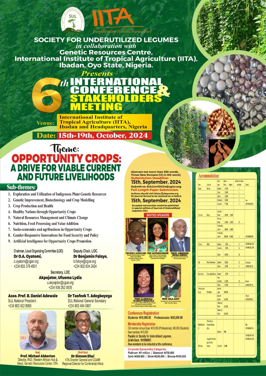 IITA (@iita_cgiar) on Twitter photo Exciting news! 🥳🥳🥳
Deadline submission for abstracts extended to 15th September, 2024.
Submit to: SULConf2024@cgiar.org
Society for Underutilized Legumes (SUL) in collaboration with <a href="/iitagenebank/">IITA Genetic Resources Center</a> presents the 6th International Conference and Stakeholders Meeting.
📍📍: Exciting news! 🥳🥳🥳
Deadline submission for abstracts extended to 15th September, 2024.
Submit to: SULConf2024@cgiar.org
Society for Underutilized Legumes (SUL) in collaboration with <a href="/iitagenebank/">IITA Genetic Resources Center</a> presents the 6th International Conference and Stakeholders Meeting.
📍📍:
