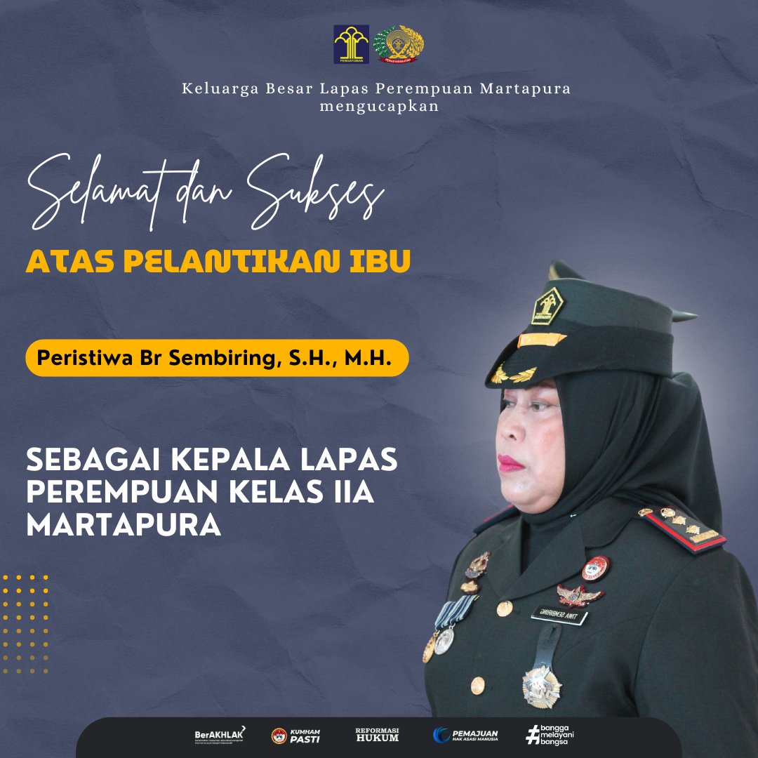 lppmartapura's tweet photo. Selamat Kepada Ibu Peristiwa Br Sembiring, S.H., M.H. sebagai Kepala Lembaga Pemasyarakatan Perempuan Kelas IIA Martapura
@kumham_kalsel
@lppmartapura
#lppmartapura
#KumhamKalsel
Jumadi | Ahmad Tohari https://t.co/i61fHSdbY9