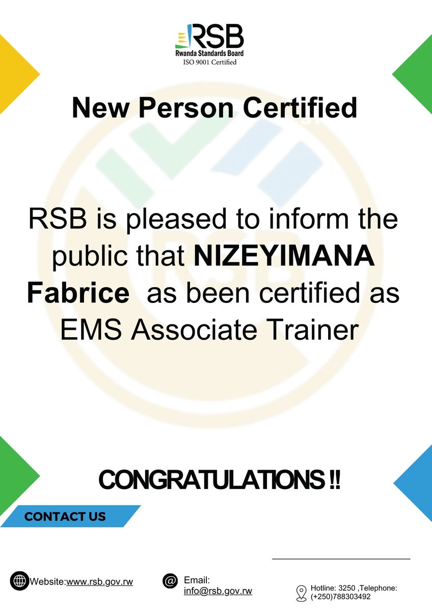 Rwanda Standards Board (@rwandastandards) on Twitter photo RSB is pleased to inform the public that Mr Fabrice NIZEYIMANA has been certified as ISO 14001: 2015 Environmental Management Systems Associate Trainer.
CONGRATULATIONS!
<a href="/RwandaLabour/">Ministry of Public Service and Labour | Rwanda</a> <a href="/Rwandafda/">Rwanda Food and Drugs Authority</a>
<a href="/MurenziRaymond/">Murenzi Raymond</a> <a href="/P_Sebahizi/">Prudence Sebahizi</a> <a href="/RwandaTrade/">Min of Trade |Rwanda</a>
<a href="/AKajangwe/">Tony Kajangwe</a> RSB is pleased to inform the public that Mr Fabrice NIZEYIMANA has been certified as ISO 14001: 2015 Environmental Management Systems Associate Trainer.
CONGRATULATIONS!
<a href="/RwandaLabour/">Ministry of Public Service and Labour | Rwanda</a> <a href="/Rwandafda/">Rwanda Food and Drugs Authority</a>
<a href="/MurenziRaymond/">Murenzi Raymond</a> <a href="/P_Sebahizi/">Prudence Sebahizi</a> <a href="/RwandaTrade/">Min of Trade |Rwanda</a>
<a href="/AKajangwe/">Tony Kajangwe</a>