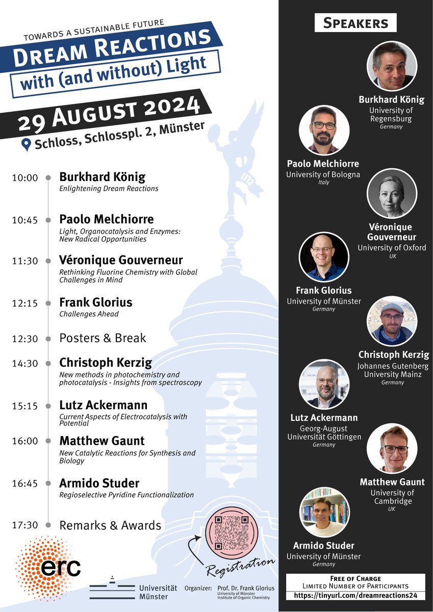 Frank Glorius (@gloriusfrank) on Twitter photo "Dream Reactions" for a sustainable future
Tomorrow/Thursday, get ready for:
great science🧑🔬⚗️🍃, a castle🏰, free food/drinks, a lovely community😀, (horses outside).
<a href="/uni_muenster/">Universität Münster</a> <a href="/GloriusGroup/">Glorius Group</a>
Attached the final schedule. Last minute registration (free) still possible. "Dream Reactions" for a sustainable future
Tomorrow/Thursday, get ready for:
great science🧑🔬⚗️🍃, a castle🏰, free food/drinks, a lovely community😀, (horses outside).
<a href="/uni_muenster/">Universität Münster</a> <a href="/GloriusGroup/">Glorius Group</a>
Attached the final schedule. Last minute registration (free) still possible.