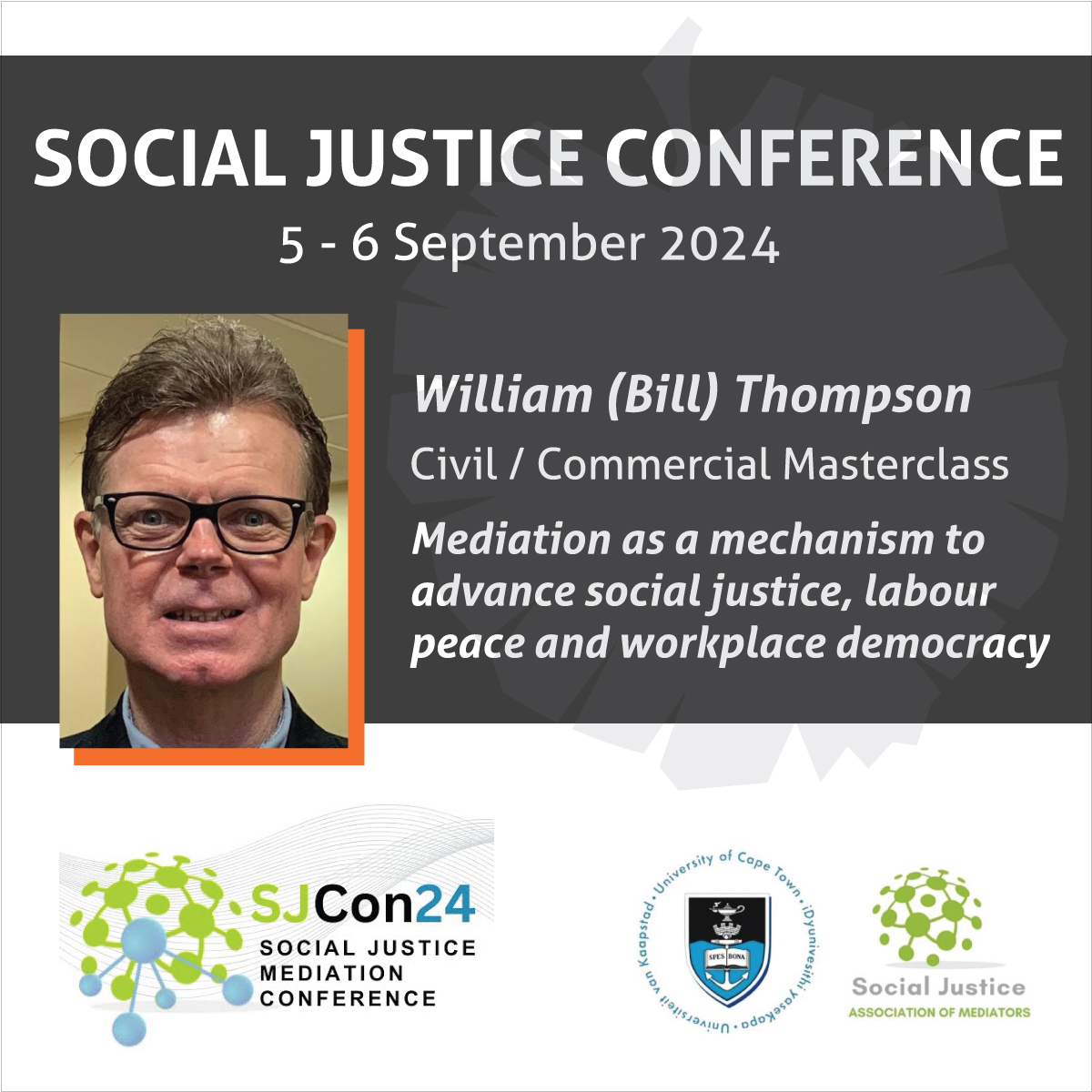 William Thomson, will be presenting a Masterclass on Workplace Mediation at the Social Justice Conference on 4 &amp; 5 September 2024 at the University of Cape Town where he will share his practitioner experiences and insights. Join here sjcon.org.za
#ConflictDynamicsSA