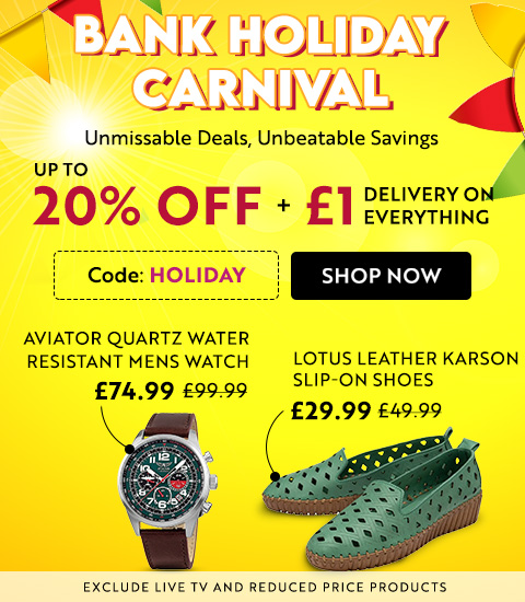🎉 Bank Holiday Carnival CONTINUES! 🎉
Get up to 20% OFF plus £1 delivery on EVERYTHING! 🚚💨

Use Code: HOLIDAY at checkout! 🔗 ow.ly/WfSH50T8tf2

Excludes Live TV and Reduced Price Products. T&amp;Cs apply.