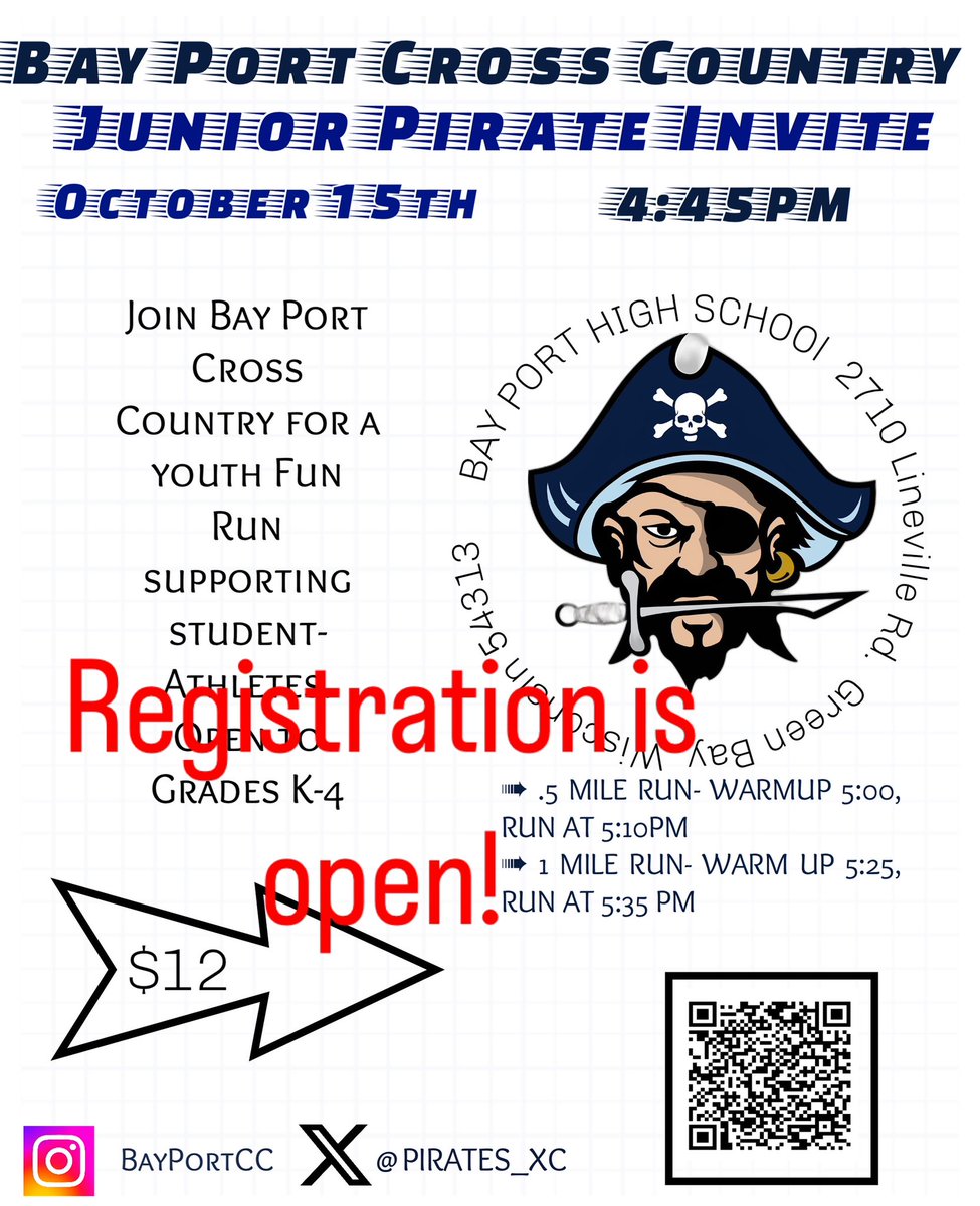 Registration is open for the 2nd annual Junior Pirate Invite!  Open to grades K-4. Register by 9/15 to guarantee a T-shirt. 🏃‍♀️🏃