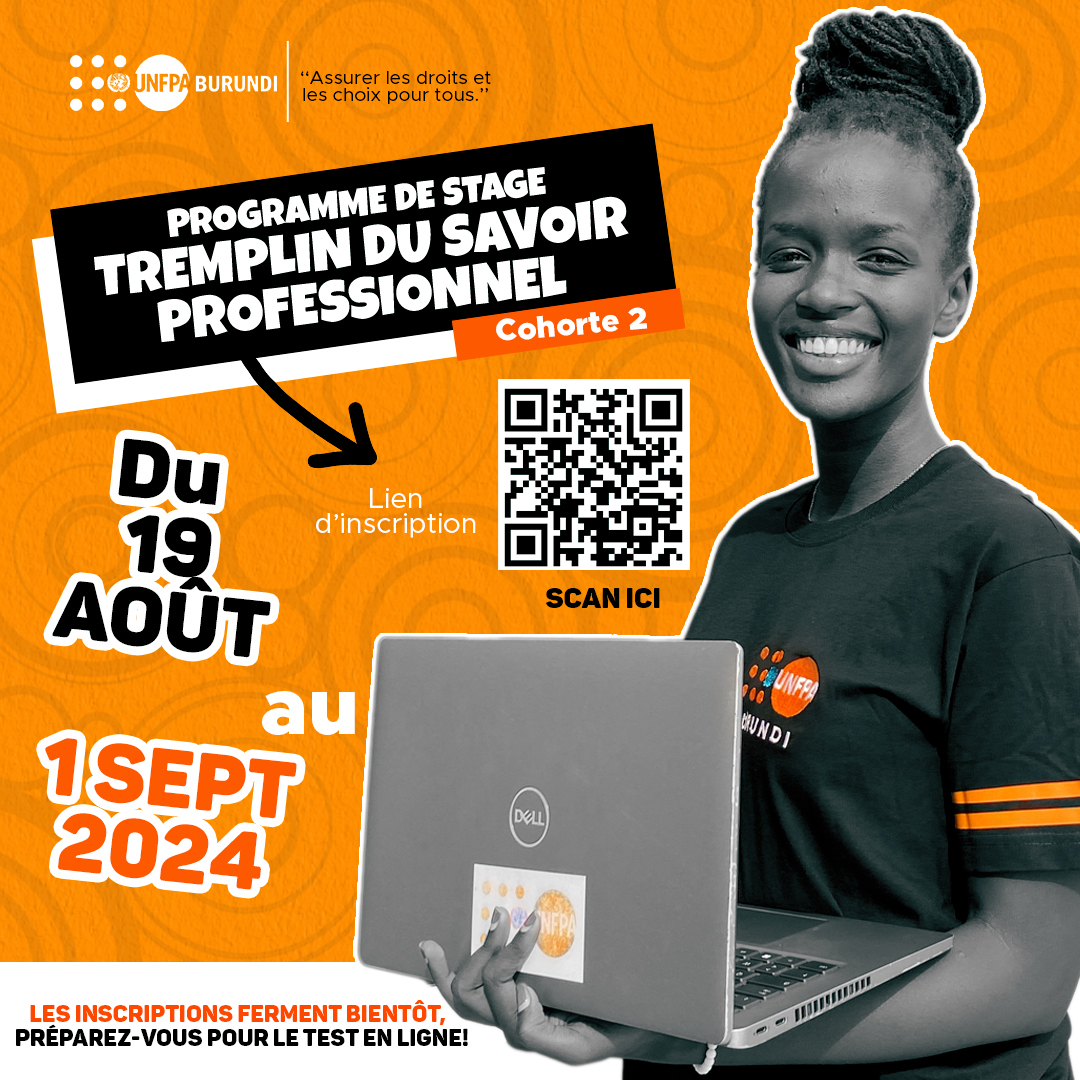 UNFPABurundi's tweet photo. Pour postuler au stage, lancez-vous jusqu'au 1er sept au lien:  https://t.co/3hLIDbVfr4 
Pr vous préparer à passer le test écrit, voici les documents essentiels:
1.   Plan stratégique UNFPA 2022-2025: https://t.co/aeuD9Nug2Z
2.   Foire aux questions: https://t.co/FGYSiPBSVK https://t.co/yxJF23YVNI