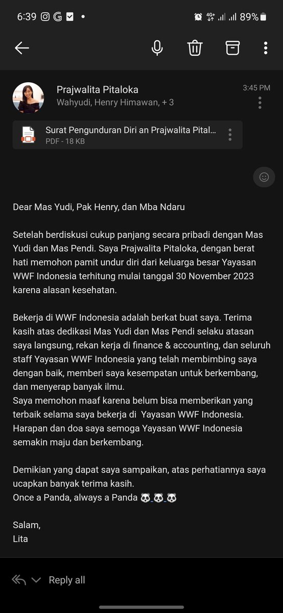 ppitalokaaa's tweet image. Hampir setahun jadi IRT. Banyak doa &amp;amp; air mata untuk ambil keputusan berat ini.

Titip disini ya, untuk jadi kenangan manis kalau aku pernah punya atasan &amp;amp; rekan kerja di tempat kerja yang luar biasa ❤️🐼 #wwfid #financeofficer