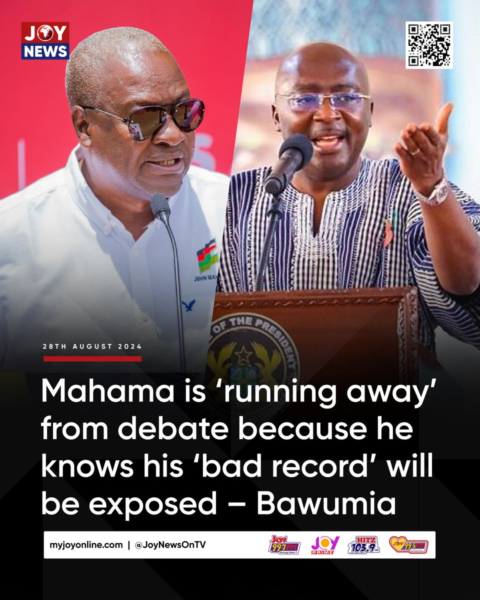 JoyNewsOnTV's tweet photo. Mahama is ‘running away’ from debate because he knows his ‘bad record’ will be exposed – Bawumia

https://t.co/t2YWh7vPZF

#JoyNews https://t.co/pY9XrXrK1e