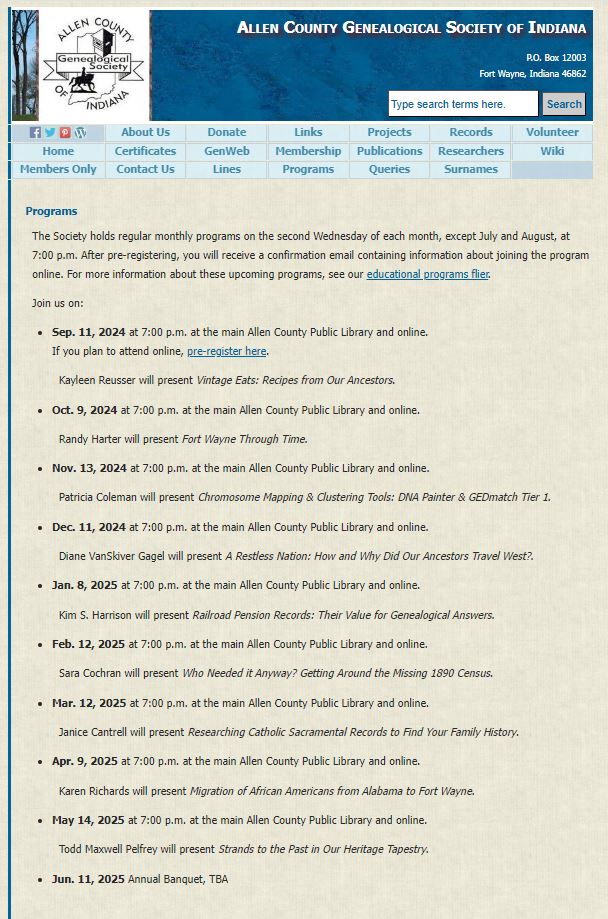 ACGSI's tweet photo. 2024-2025 Free Programs - in-person ACPL Genealogy Center - online Zoom
https://t.co/0Lx07o3iYA https://t.co/OkkjxW2szr