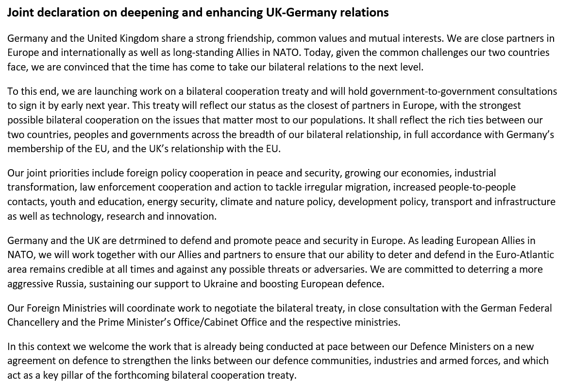 The time has come to take the 🇬🇧🇩🇪 relations to the next level.

To this end, we are launching work on a bilateral cooperation treaty and will hold government-to-government consultations to sign it by early next year.

Joint declaration by PM Starmer and Chancellor Scholz ⤵️