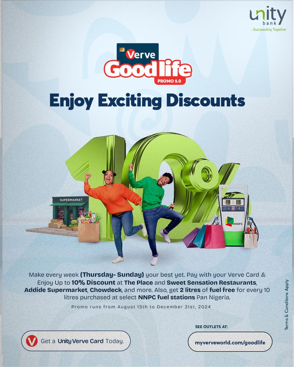 UnityBankPlc's tweet photo. Enjoy 10% discounts with your Verve Card! Plus get 2 litres of fuel FREE at select NNPC stations. Promo ends Dec 31st.
Get your Unity Verve Card now!
#UnityVerveCard #Promo #SucceedingTogether https://t.co/zz5nxarXNL